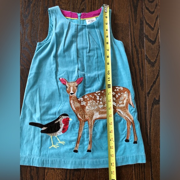 Mini Boden Girls 4-5Y Turquoise Blue Pinafore Bird/Deer Applique Velvet Jumper - Picture 5 of 10